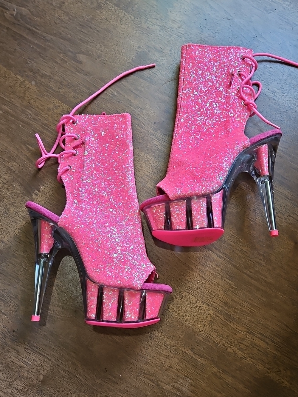 Pleaser Hot Pink Glitter Lace-Up Platform Stiletto Booties - Picture 4 of 14